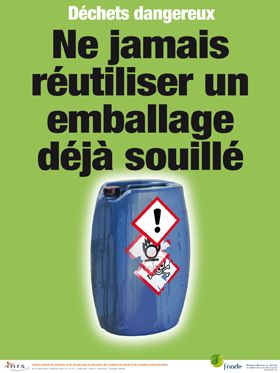 Déchets dangereux. Ne jamais réutiliser un emballage déjà souillé