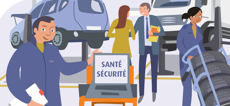 ilustration représentant des mécaniciens et des commerciaux dans un garage automobile